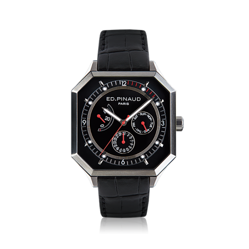 Power reserve auto watch (black dial, black leather strap)